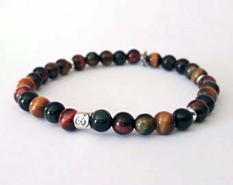 Men's bracelet, Beaded Bracelet, Gemstone Bracelet: hawk's eye/ bull's eye / tiger's eye, Sterling Silver Bracelet