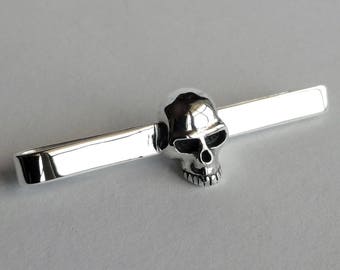 Handmade tie clip with skull, sterling silver tie clip, rebel tie clip, skull tie clip