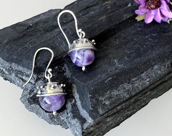 Handmade Sterling Silver Acorn Hook Earrings with Amethyst - Rustic Medieval Charm