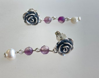 Sterling silver earrings with a little rose, adorned with a purple agate stone and a pearl, Handmade earrings, Oxidized , La vie en rose.