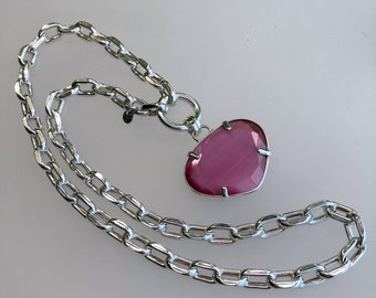 Chunky necklace in sterling silver 925 with a "heart" stone pendant, Link chain necklace, Handmade chunky link chain necklace, Polished.