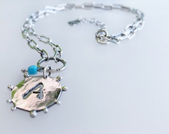Personalized initial letter pendant necklace in sterling silver with a polished/oxidized finish, Link chain necklace, Handmade letter.