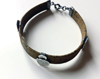 Leather bracelet (synthetic cork effect)  with sterling silver spirals with polish/oxidized finish