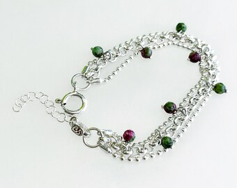 Bracelet in sterling silver (925) with Natural Ruby Zoisite Gemstone, Bracelet Bohemian, Boho-Chic Bracelet with semi precious Ruby Zoisite