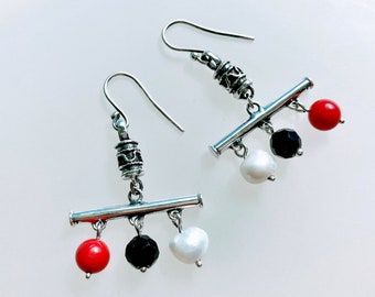 Boho Chic earrings in sterling silver, Ethnic earrings, Tribal earrings, Bohemian earrings, Handmade, Oxidized, Coral, Pearl, Crystal, .