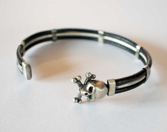 Skull bracelet, sterling silver skull open cuff, sterling silver and leather cuff, handmade cuff, biker bracelet, punk bracelet