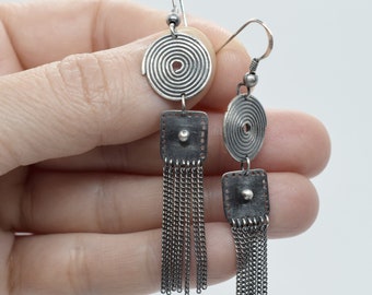 Spiral Boho Earrings in Oxidized Sterling Silver - Handcrafted Ethnic Jewelry