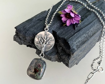 Tree of Life necklace in sterling silver 925, with beautiful stone featuring a small world of nature inside, One of a Kind Bohemian Necklace