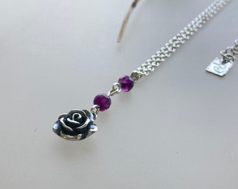 Sterling silver necklace with a little rose pendant and amethyst stone, delicate and elegant necklace, handmade necklace, flower necklace.