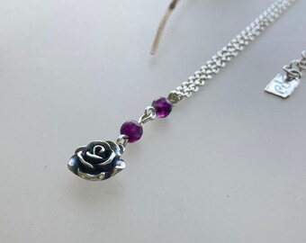 Sterling silver necklace with a little rose pendant and purple agate stone, delicate and elegant necklace, handmade flower necklace.