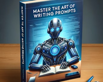 Peut inclure: Un livre intitulé "Master the Art of Writing Prompts" présente une illustration de robot futuriste sur la couverture. Le robot est représenté dans des tons de bleu et d'argent, avec des éléments circulaires lumineux. Le livre est sur une surface en bois avec deux stylos bleus.