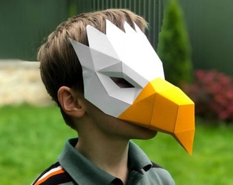 Modèle de masque 3D en papier artisanal aigle, masque en papier low poly, costume unique, masque animal, modèle PDF, masque pour enfant