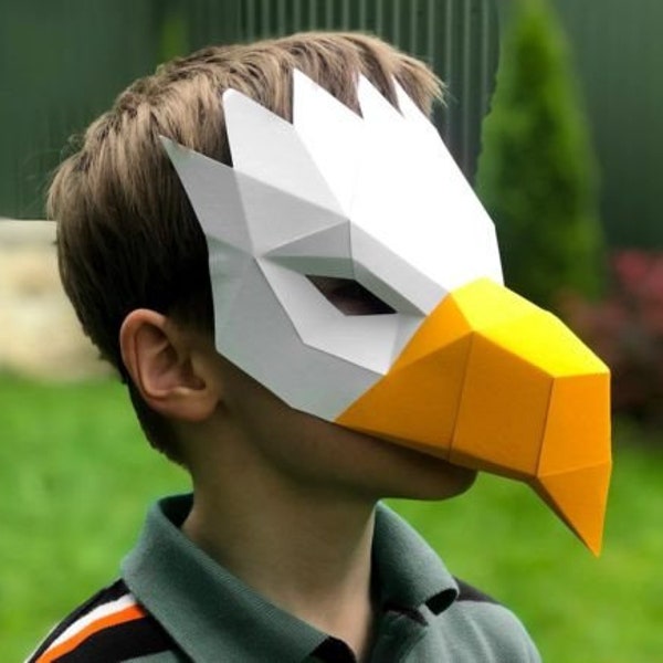 Modèle de masque 3D en papier artisanal aigle, masque en papier low poly, costume unique, masque animal, modèle PDF, masque pour enfant