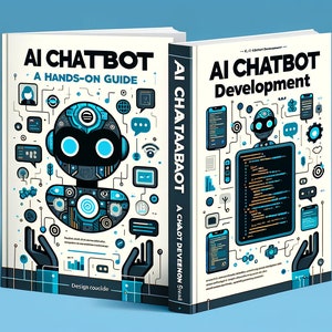 May include: Two book covers with illustrations of a blue robot. The book on the left is titled "AI Chatbot: A Hands-On Guide". The book on the right is titled "AI Chatbot Development: A Chatbot Development Guide".
