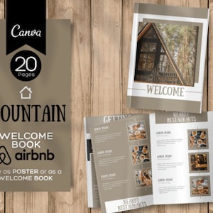 May include: A welcome book for Airbnb guests with a mountain theme. The cover features a cabin in the woods and the text "Welcome". The book has 20 pages and includes information about nearby restaurants and attractions.