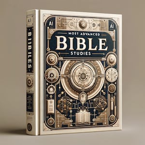 Könnte beinhalten: Ein weißes Buch mit einem goldenen und schwarzen Design. Der Titel lautet "Most Advanced Bible Studies". Das Buch hat eine Steampunk-Ästhetik mit Zahnrädern, Zahnrädern und anderen mechanischen Elementen.