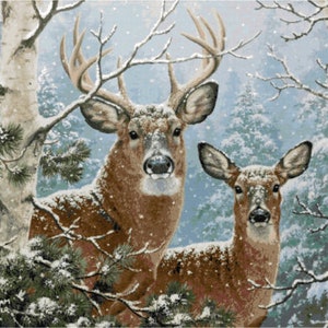 May include: Two deer stand in a snowy forest. The deer are brown with white spots and have large antlers. The forest is covered in snow and there are trees in the background.