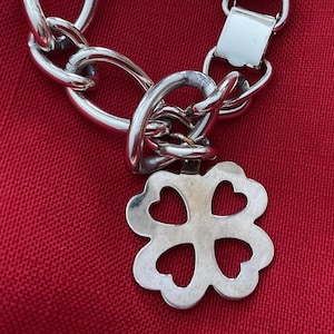 Vintage Silver Tone Link Bracelet with Four Leaf Clover Charm