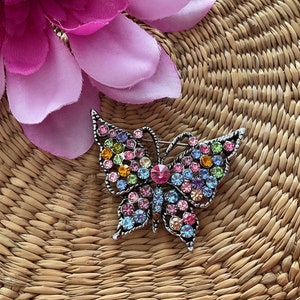 Vintage Butterfly Multi color Rhinestone brooch Pin