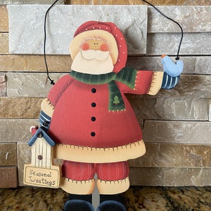 Santa Christmas Hand painted hanging ornament on wood