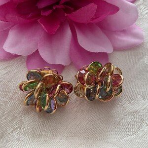 Vintage Crystal Pastel Multicolor Bezel Set Crystal Goldtone Clip On Earrings