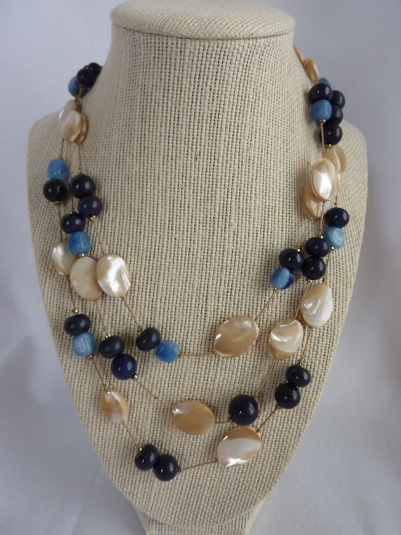 Vintage Talbot's Blue Glass Mother Pearl beaded n… - image 1