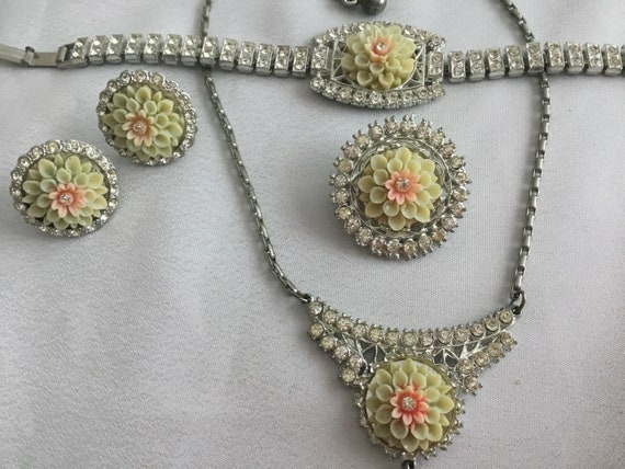 Vintage Celluloid Pink Flower rhinestone jewelry … - image 5