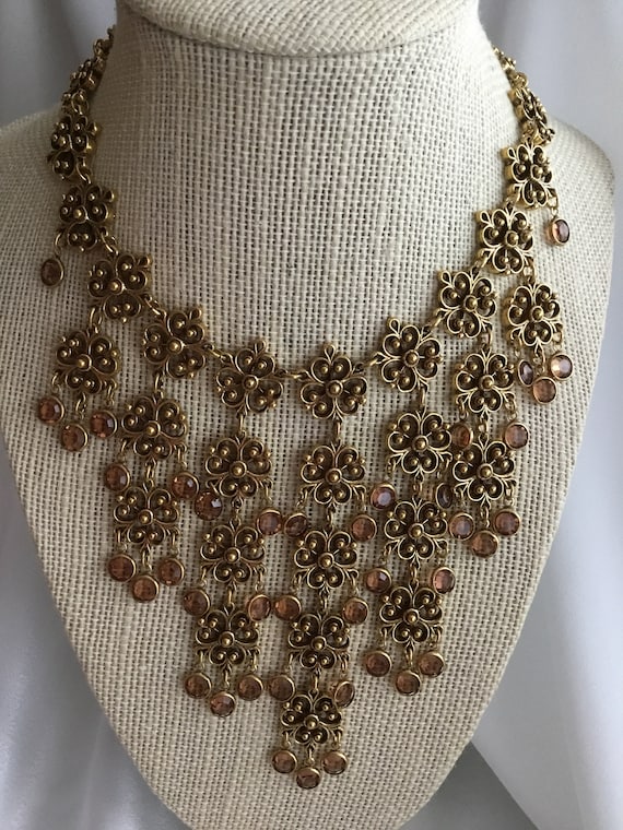 Collier Vintage Goldette Ras Le Cou En Métal Doré Avec Strass Et Topaze – Élégance Rétro