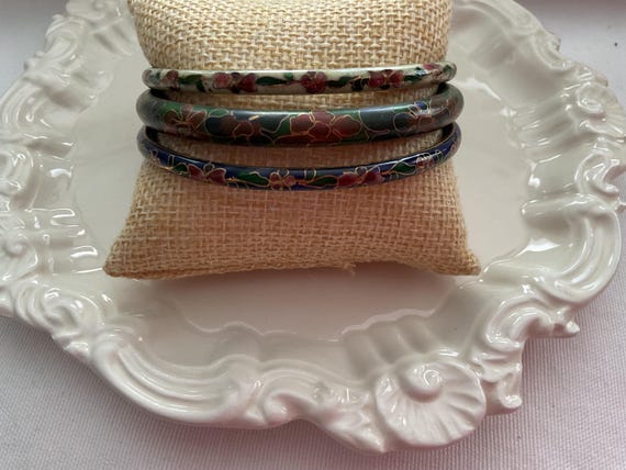 Cloisonné Bracelet Set of Three Multi Color Flowe… - image 3