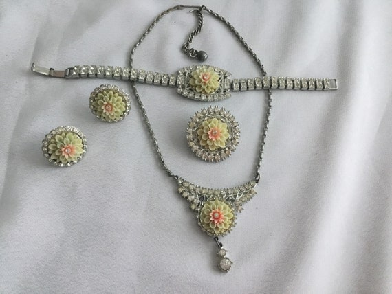 Vintage Celluloid Pink Flower rhinestone jewelry … - image 2