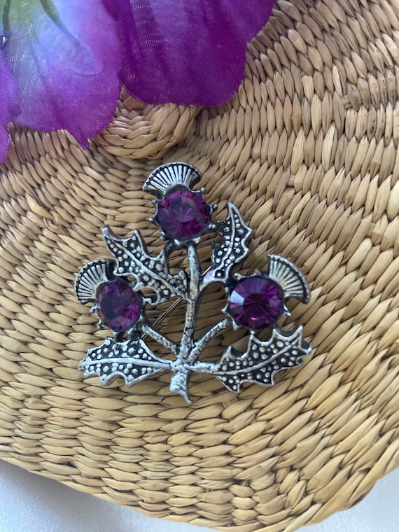 Vintage MIRACLE THISTLE BROOCH with Purple Stones