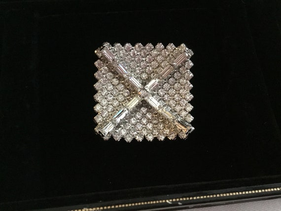 Kramer Square Rhinestone Brooch clear Vintage Sig… - image 2