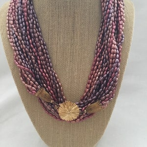 Vintage Faux Rice Pearl Multi Strand Long Necklace gold tone Multi Color