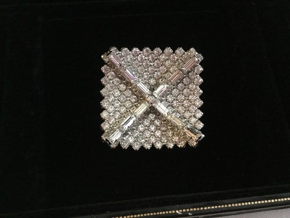 Kramer Square Rhinestone Brooch clear Vintage Sig… - image 4