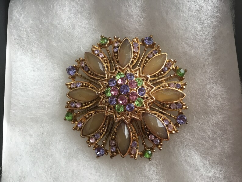 Vintage Rhinestone Brooch multi color gold tone