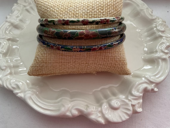 Cloisonné Bracelet Set of Three Multi Color Flowe… - image 1