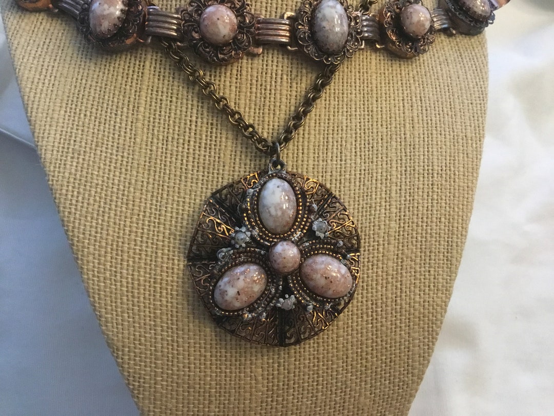 Antique Victorian Filigree Copper Art Glass Pendant Necklace and