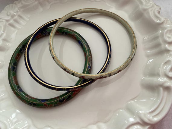 Cloisonné Bracelet Set of Three Multi Color Flowe… - image 8