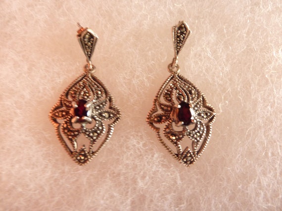 Vintage Sterling Silver Garnet Marcasite Antique … - image 3