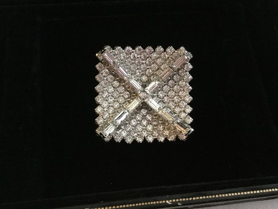 Kramer Square Rhinestone Brooch clear Vintage Sig… - image 3