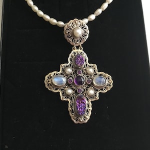 Vtg Signed Nicky Butler NB Sterling Silver Moonstone Maltise Cross Necklace