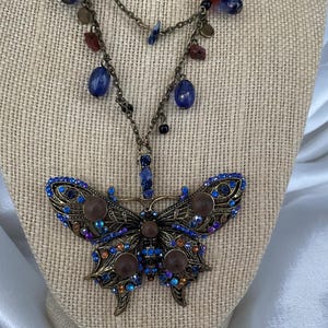 Vintage Butterfly Pendant Necklace Rhinestone stone Blue
