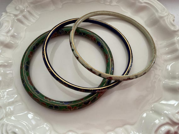Cloisonné Bracelet Set of Three Multi Color Flowe… - image 9