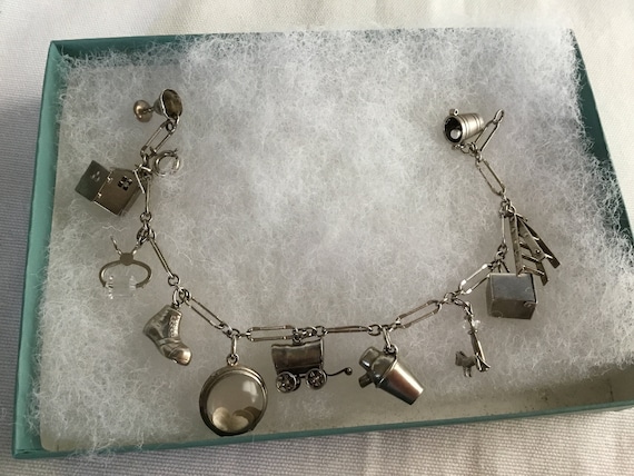 Sterling Silver Charm Bracelet With 12 Charms, Safety Clasp, Mid Century,  1960's Vintage, Fun to Wear, Instant History, Excellent Condition -   Finland