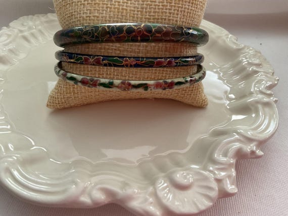 Cloisonné Bracelet Set of Three Multi Color Flowe… - image 5