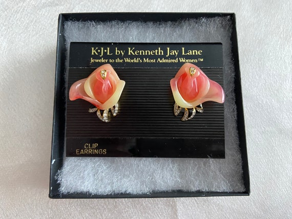 Kenneth Jay Lane  Peach Rose & Rhinestone Clip-on… - image 6