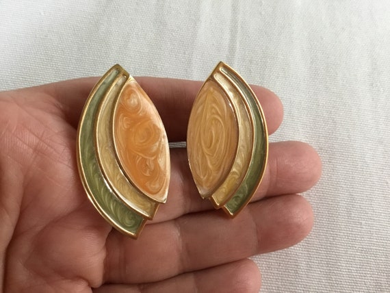 Vintage Monet Pastel Enamel Post Earrings peach c… - image 2