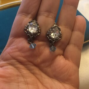 Vintage Rhinestone Earrings with blue crystal accent silver tone