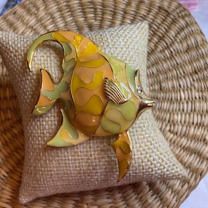Vintage Enamel Green Yellow Orange Enamel Finish Gold Tone