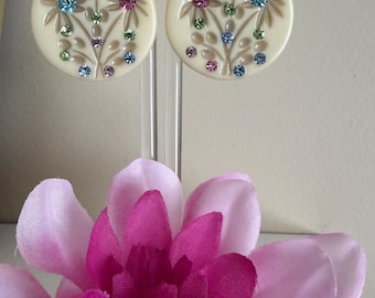 Vintage Cream Pastel Rhinestone Clip on Earrings Early Plastic Round Crystals